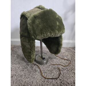 Vintage Gap Distressed Sherpa Fleece Lined Suede Leather Trapper Hat Green S/M